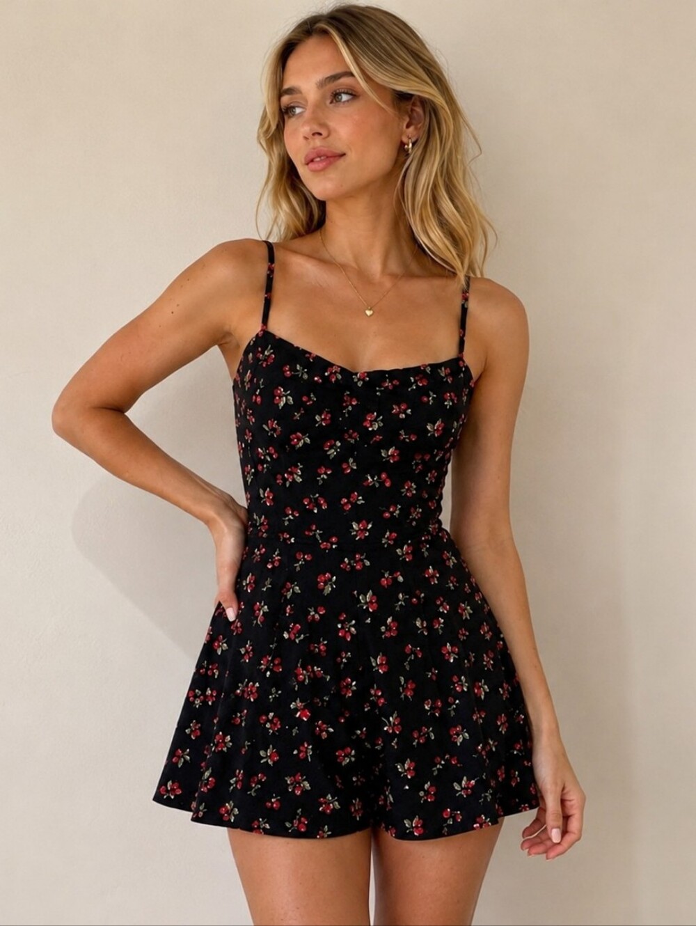 Abercrombie & Fitch, Black with Red Cherry Print Romper, Size S